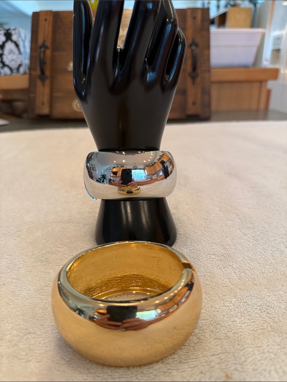 Two Wide Gold and Silver-Tone Bracelets, Side Hinged, Covers an Apple Watch!
